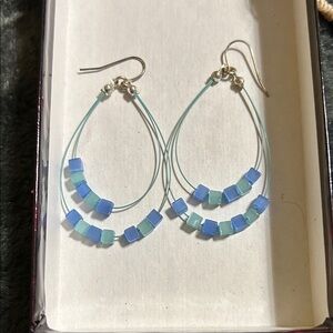 Blue & Mint Beaded Double-Wire Teardrop Earrings